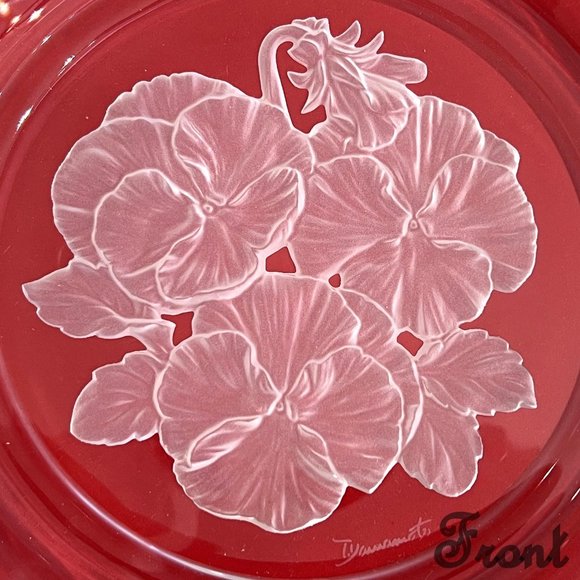 Hoya Japan Artist Signed Crystal 8" Plate Etched Pansies Flowers! - Picture 2 of 10